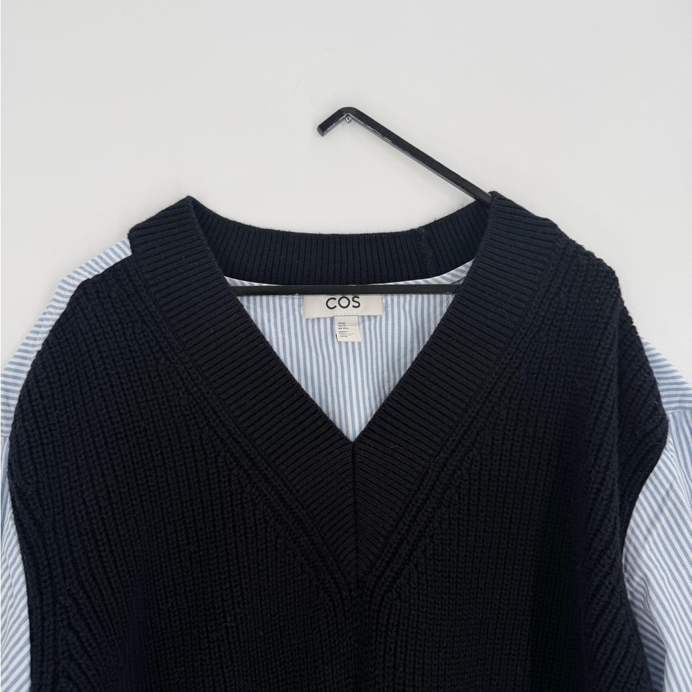 Cos Deconstructed Poplin Paneled Wool Blend Layered Shirt Sweater In Navy